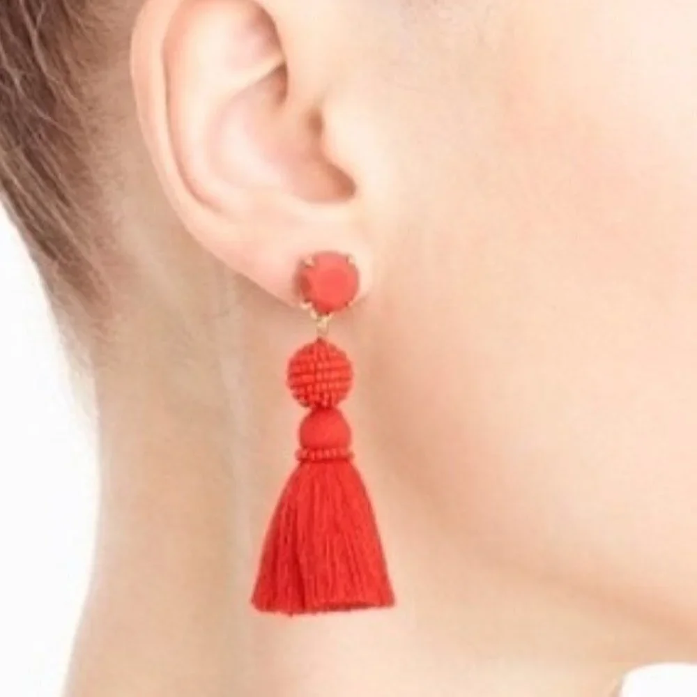 J. Crew Red Seed Bead Faceted Stone Tassel Drop Pierced Earrings